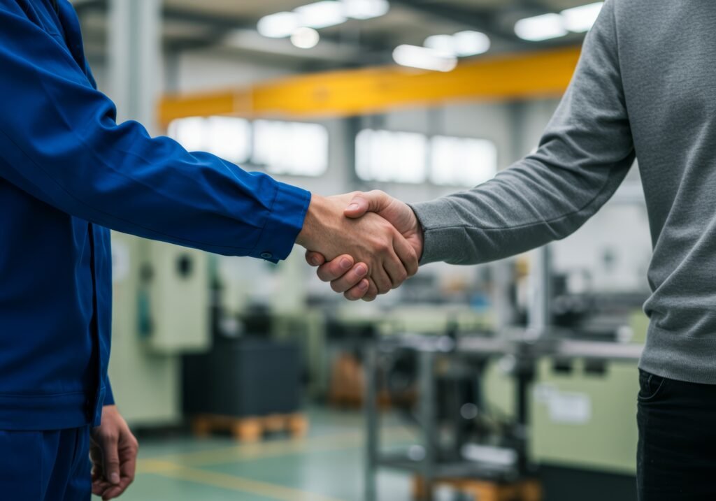 Two people sharing a genuine handshake to represent vulnerability and authentic relationships in business.