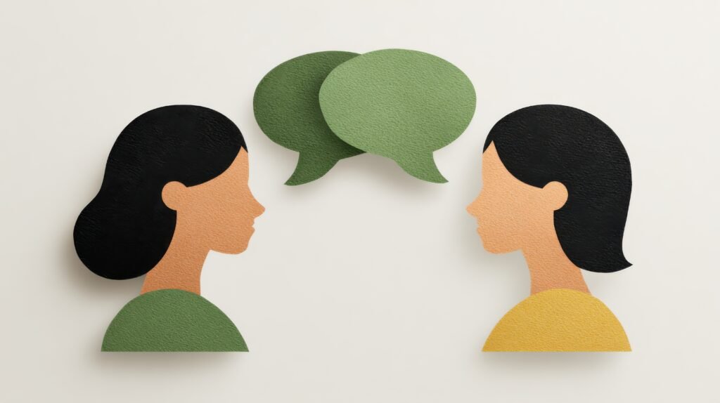 Two people in conversation with speech bubbles illustrating that real trust happens when you speak the listener’s language.