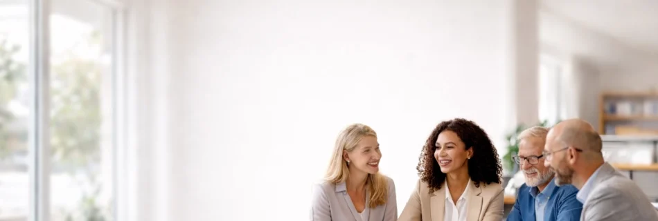 Professional business networking meeting with focus on the lower half of the frame, leaving clean negative space at the top for title overlay.