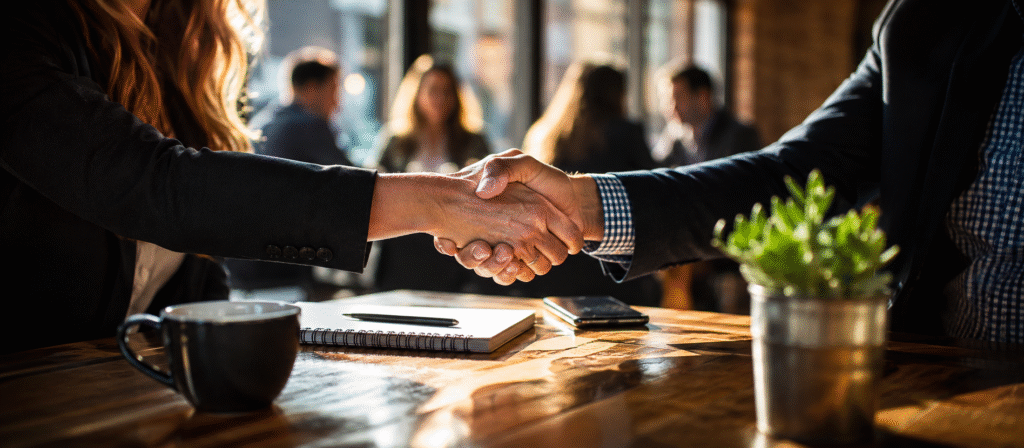 Business professionals shaking hands during a networking meeting in Arkansas, representing professional business networking, referral networking, and relationship-building for local business owners and entrepreneurs through Network Arkansas.