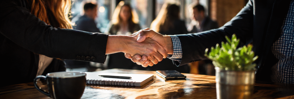 Business professionals shaking hands during a networking meeting in Arkansas, representing professional business networking, referral networking, and relationship-building for local business owners and entrepreneurs through Network Arkansas.
